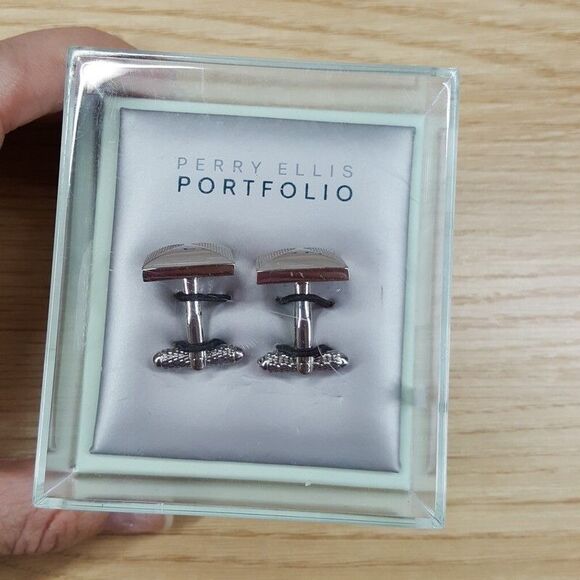 PERRY ELLIS Mens Cuff Links Silver Tone Pyramid - Picture 2 of 5